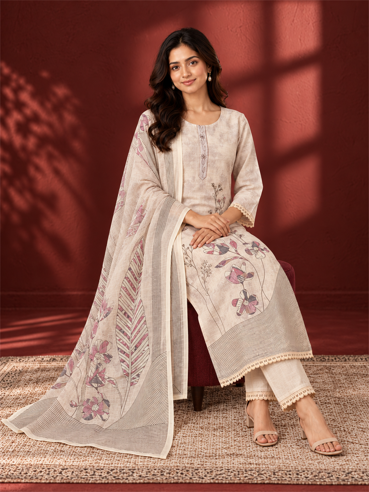 Ivory Cream Floral Printed Mul Chanderi Kurta Set with Dupatta