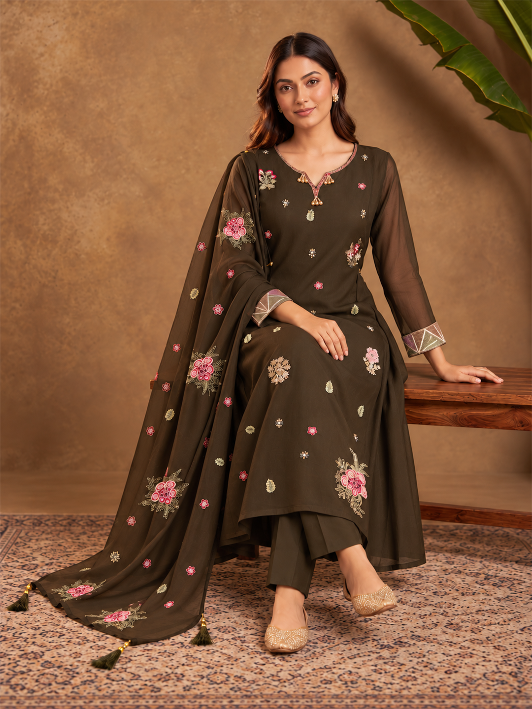 Dark Brown Floral Embroidered Viscose Rayon Suit Set