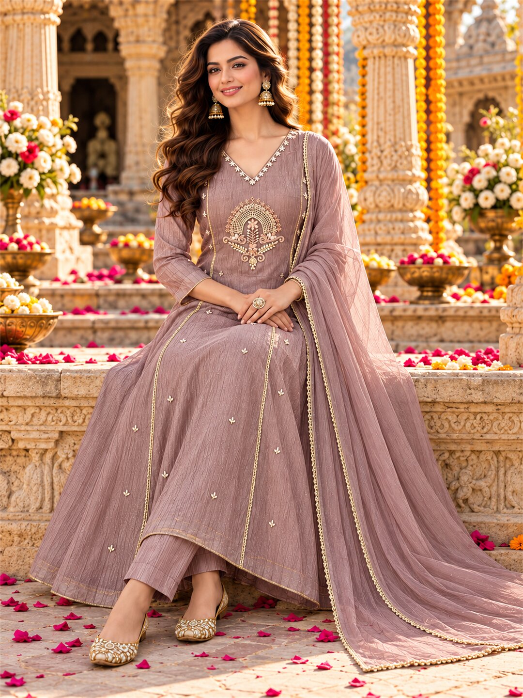 Dusty Mauve Embroidered Poly Silk Anarkali Suit Set with Dupatta