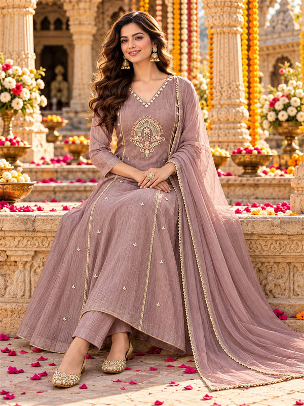 Dusty Mauve Embroidered Poly Silk Anarkali Suit Set with Dupatta
