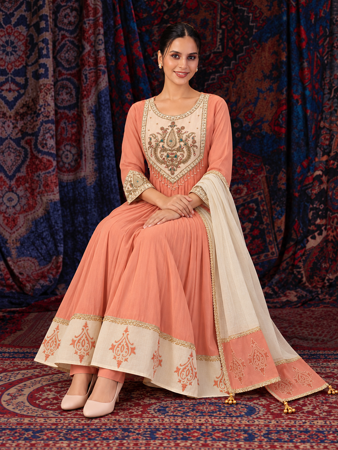 Peach Mul Chanderi Anarkali Suit Set with Embroidered Neckline and Dupatta