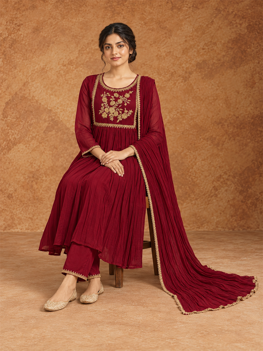 Maroon Embroidered Chanderi Silk Anarkali Suit Set with Dupatta