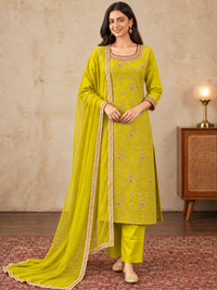 Lime Yellow Floral Embroidered Silk Blend Kurta Set with Dupatta