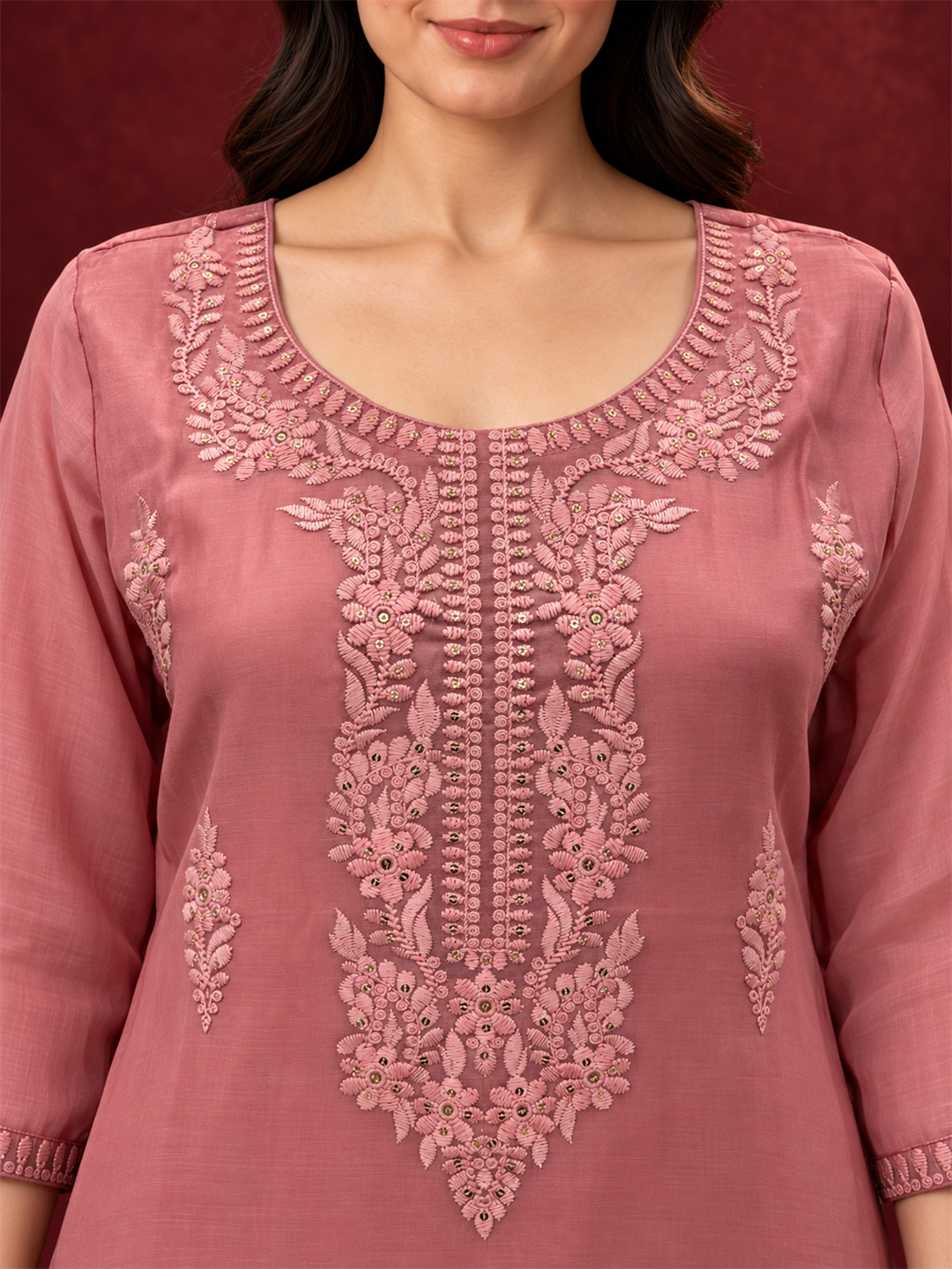 Dusty Rose Embroidered Silk Blend Suit Set with Scalloped Dupatta