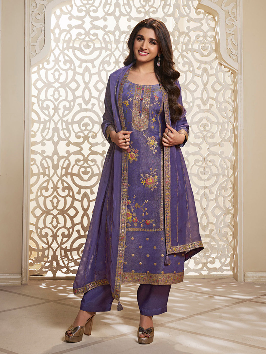 Purple Tissue Silk Meena Jacquard Designer Panel Work Kurta Suit Set Product vendor