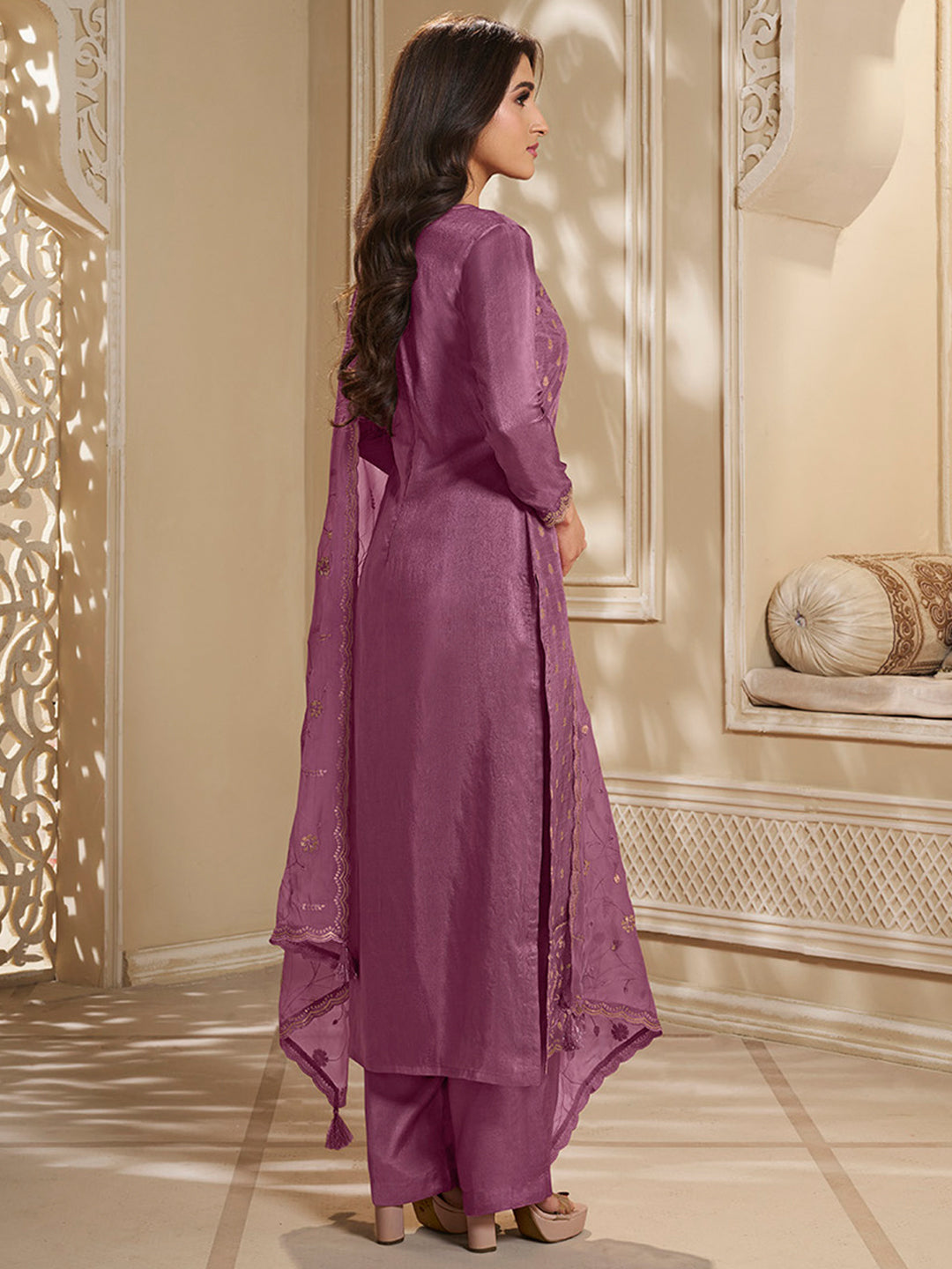 Light plum Dola Jacquard Kurta Suit Set with Embroidered with Thread & Sequins Work Product vendor