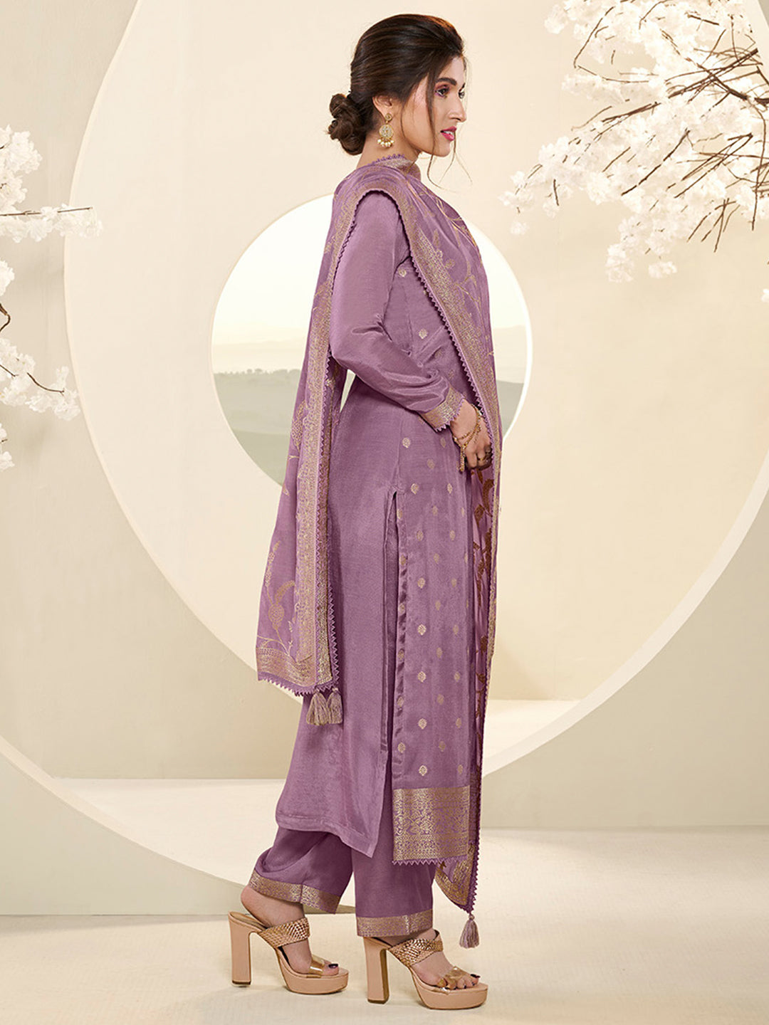Wisteris Purple Muslin Jacquard Kurta Suit Set with Champagne Thread Weave & Pencil Sketch Weave Yoke Product vendor
