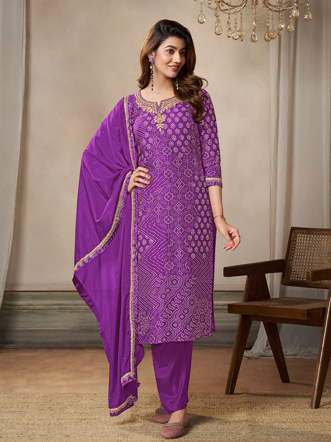 Purple Dola Bandhni Printed with Embroidery Kurta Suit Set