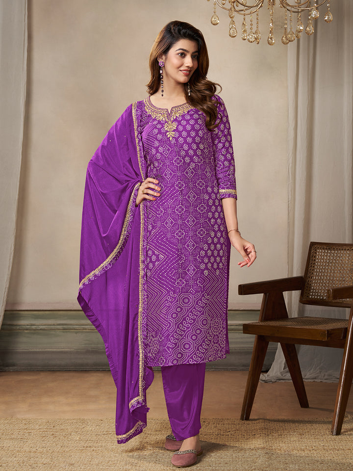 Purple Dola Bandhni Printed with Embroidery Kurta Suit Set
