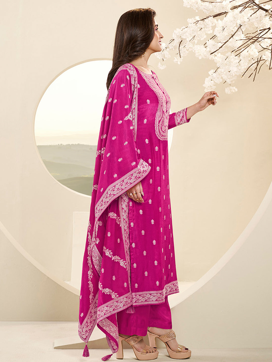 Muslin Jacquard Kurta Suit Set with White Thread Weave with Handcrafted Buttons Product vendor