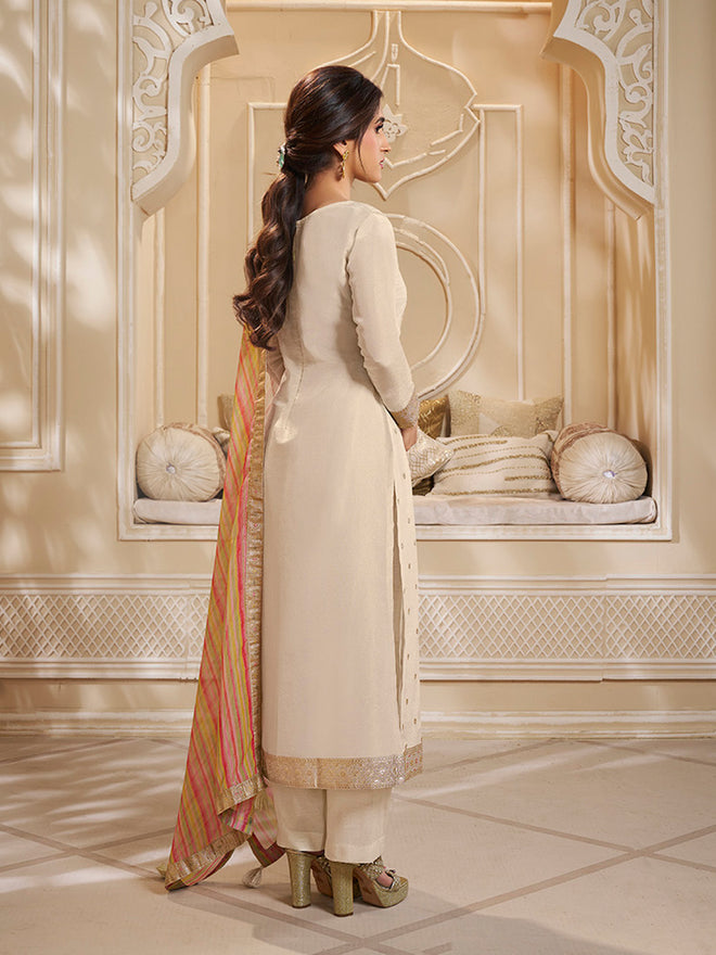 Cream Tissue Silk Meena Jacquard Designer Panel Work Kurta Suit Set Product vendor