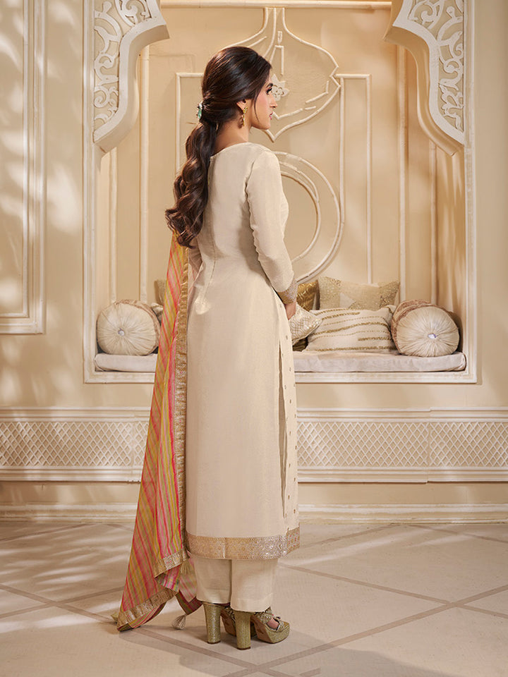 Cream Tissue Silk Meena Jacquard Designer Panel Work Kurta Suit Set Product vendor