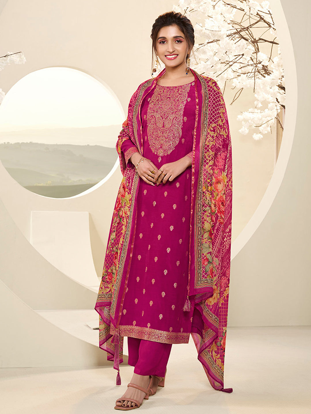 Muslin Jacquard Kurta Suit Set with Pencil Sketch Weave Handwork on Yoke Product vendor