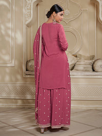 Deep Rose Floral Pattern, Thread & Sequins Embroidered Sharara Suit Set Product vendor