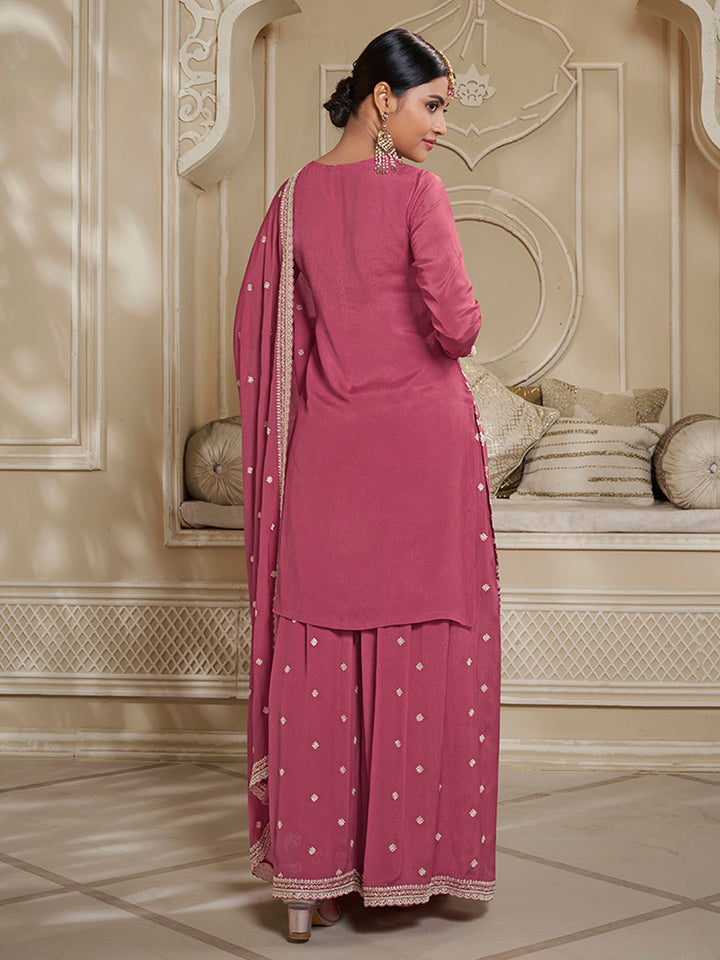 Deep Rose Floral Pattern, Thread & Sequins Embroidered Sharara Suit Set Product vendor