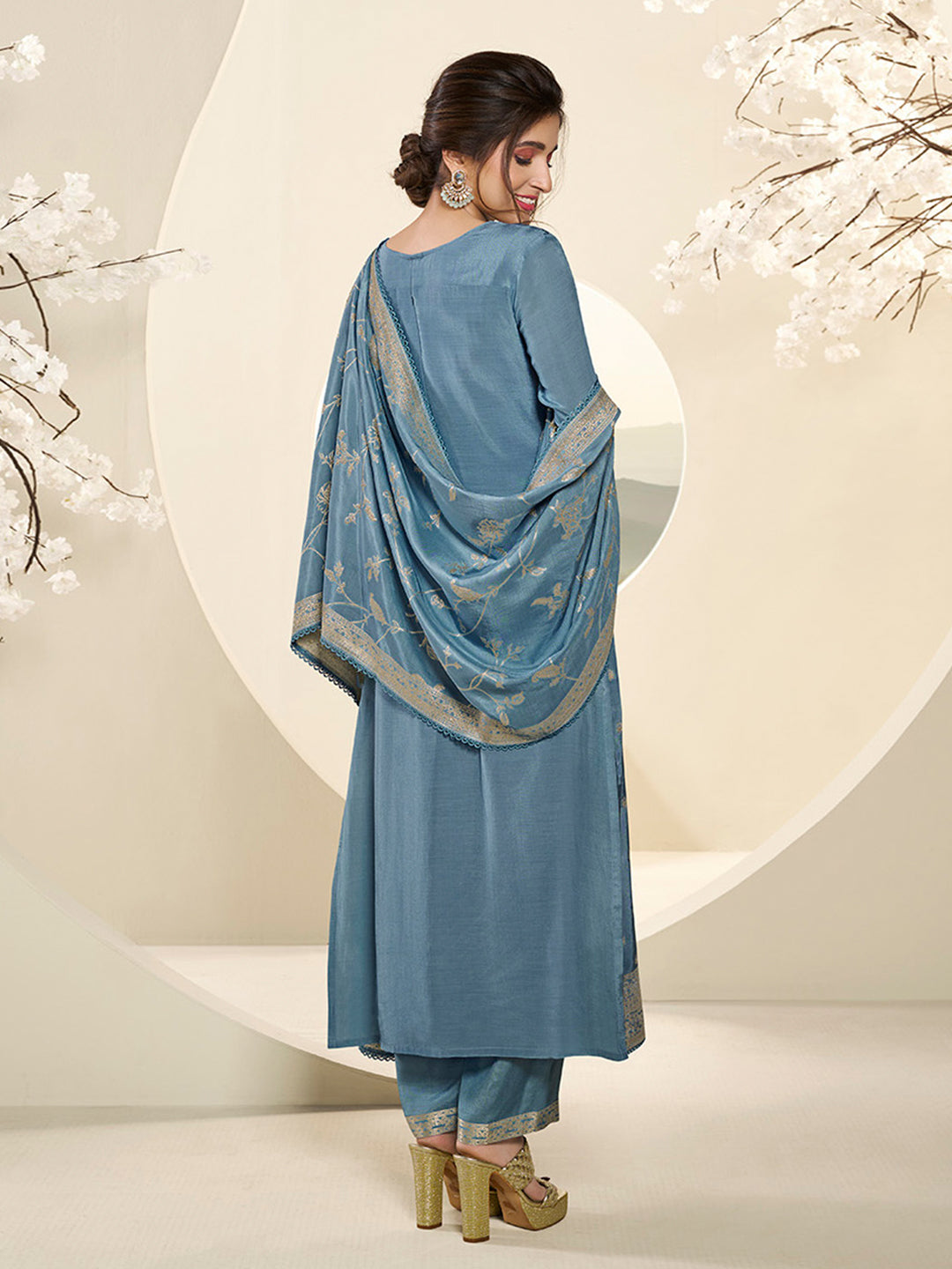 Sky Blue Muslin Jacquard Kurta Suit Set with Champagne Thread Weave & Pencil Sketch Weave Yoke Product vendor