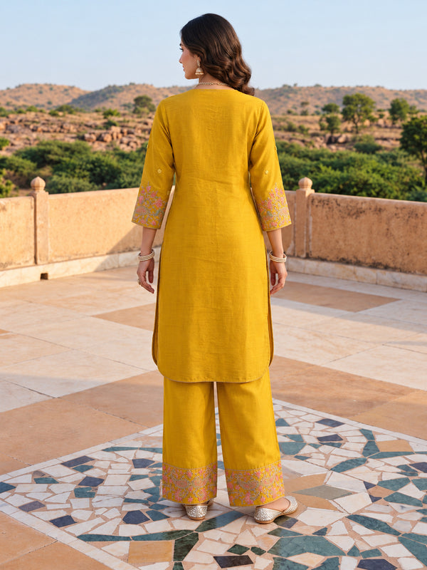 Mustard Mul Chanderi Embroidered Kurta Set