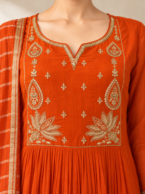 Orange Chanderi Silk Embroidered Anarkali Suit with Striped Dupatta