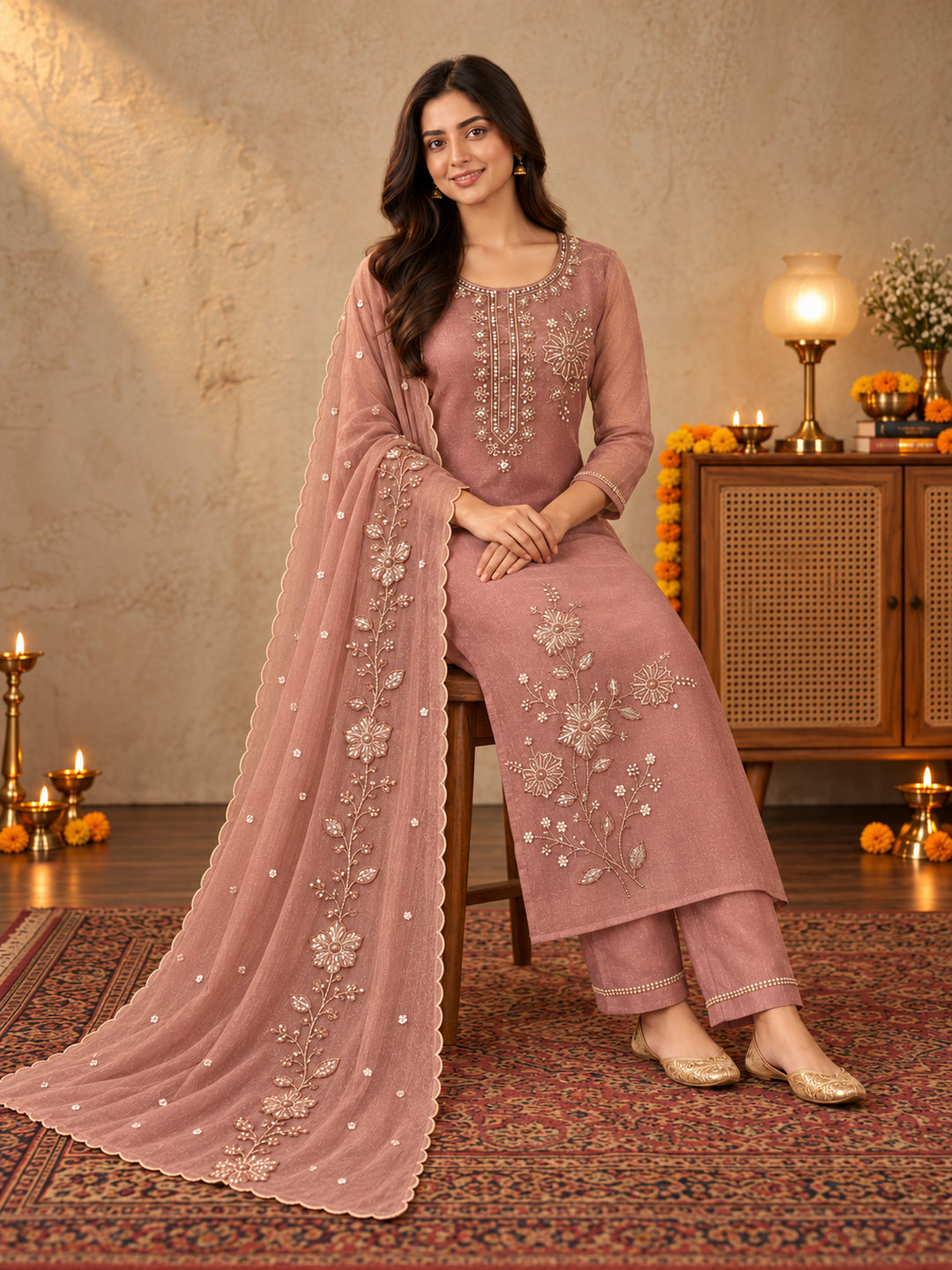 Dusty Rose Poly Silk Embroidered Kurta Palazzo Set with Dupatta