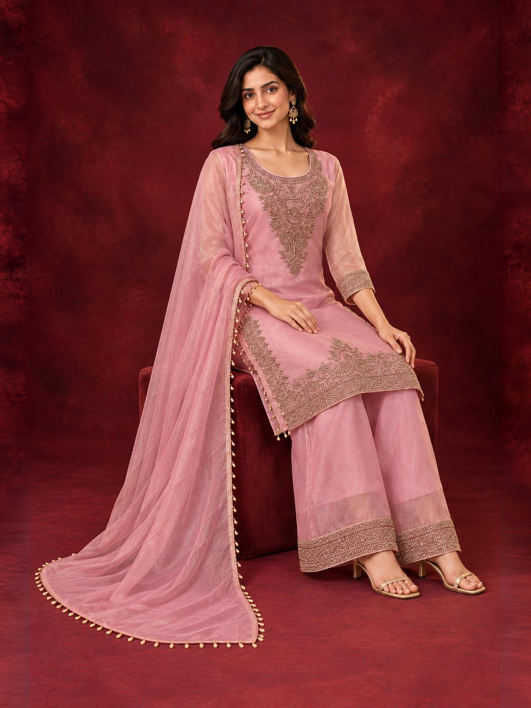 Dusty Pink Embroidered Pure Silk Palazzo Suit Set
