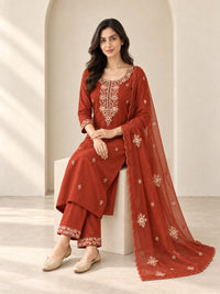 Brown Embroidered Kurta Pant Set with Dupatta