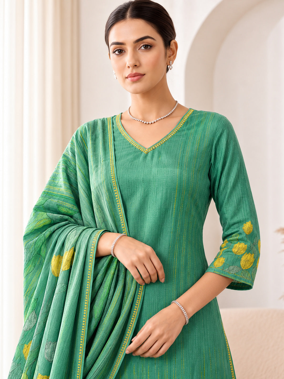 Emerald Light Green Silk Blend Kurta Set with Floral Dupatta
