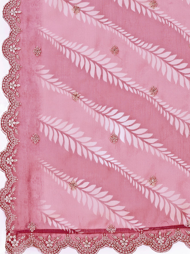 Dusty Rose Cutwork Neckline Dola Silk Kurta Suit Set with Lehariya Print Dupatta