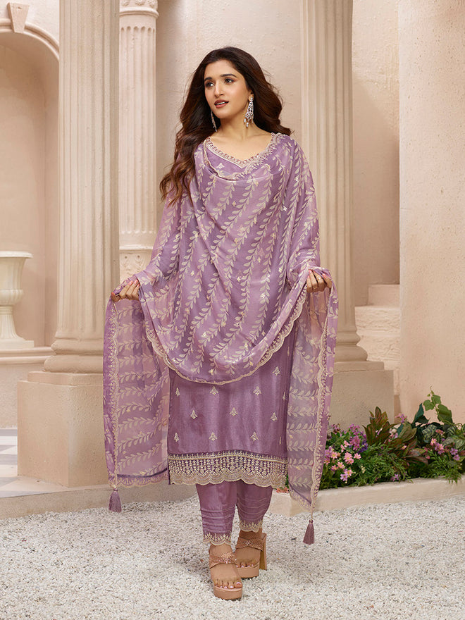 Dusty Lavender Cutwork Neckline Dola Silk Kurta Suit Set with Lehariya Print Dupatta