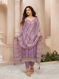 Dusty Lavender Cutwork Neckline Dola Silk Kurta Suit Set with Lehariya Print Dupatta