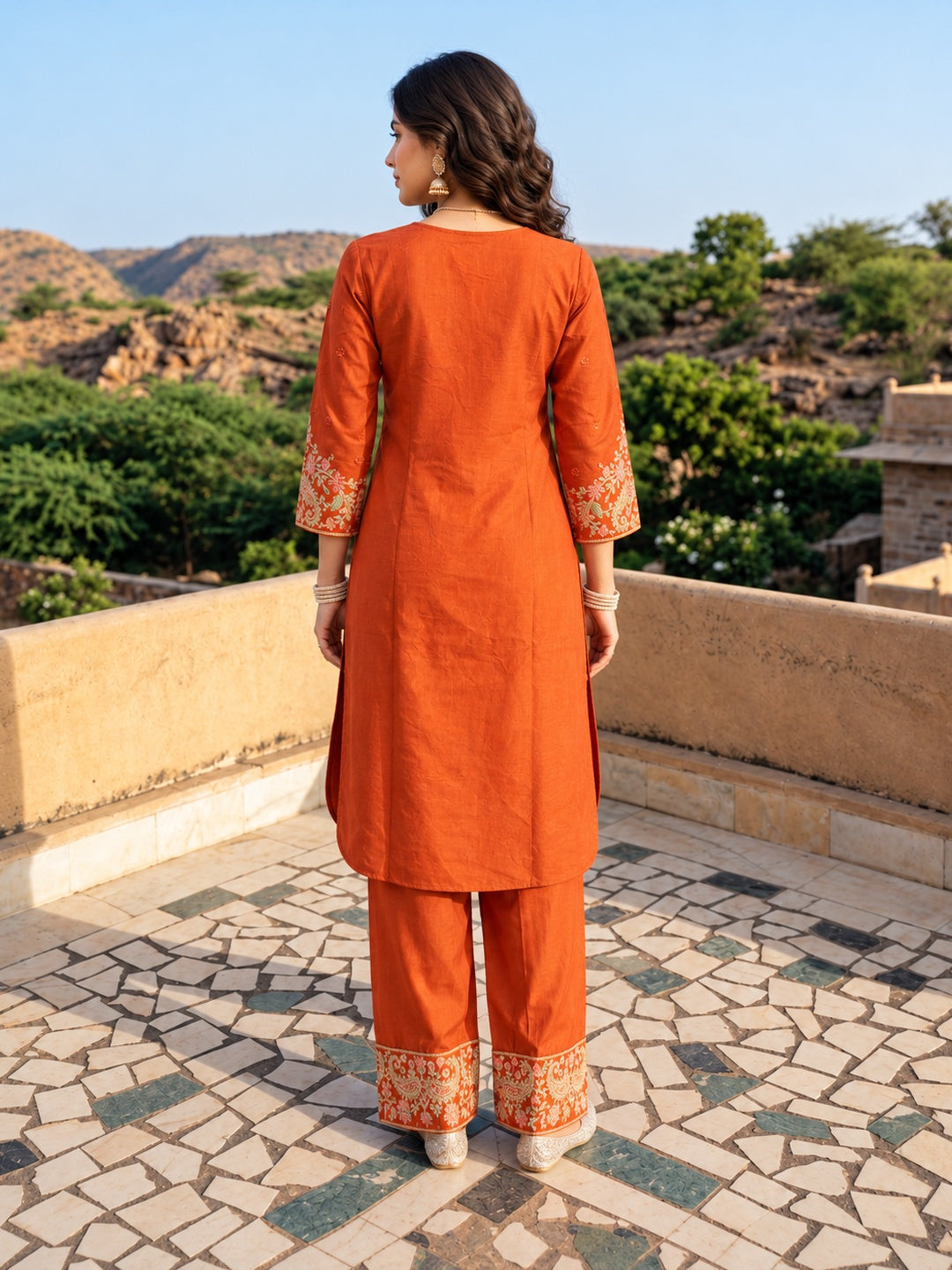 Rust Orange Mul Chanderi Embroidered Kurta Set