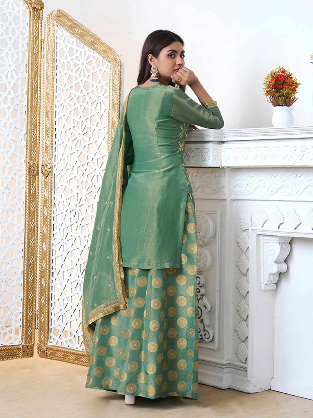 Lime Green Sharara Suit Set in Tissue with Pitta Work Dupatta Seerat Ethnic Lime Green Sharara Suit Set in Tissue with Pitta Work Dupatta Seerat Ethnic
