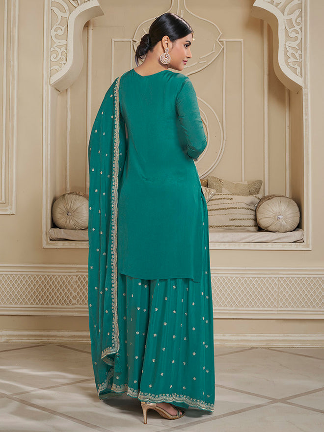 Turqouise Floral Pattern, Thread & Sequins Embroidered Sharara Suit Set Product vendor