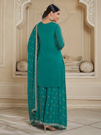 Turqouise Floral Pattern, Thread & Sequins Embroidered Sharara Suit Set Product vendor