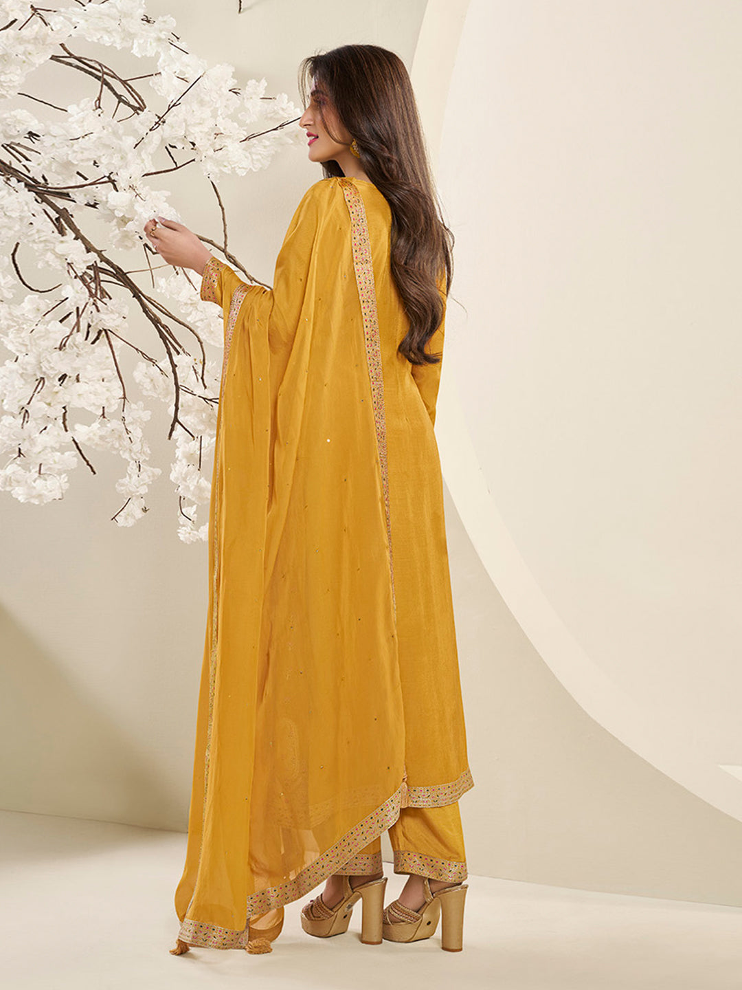 Amber Yellow Muslin Jacquard Kurta Suit Set with Multi Contrast Thread Weave & Paisley Pattern Daman Product vendor