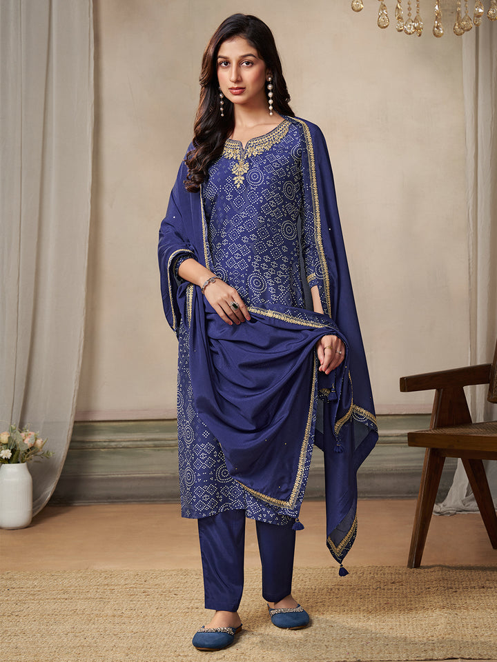 Royal Blue Kurta Set in Dola Bandhni Printed with Embroidery