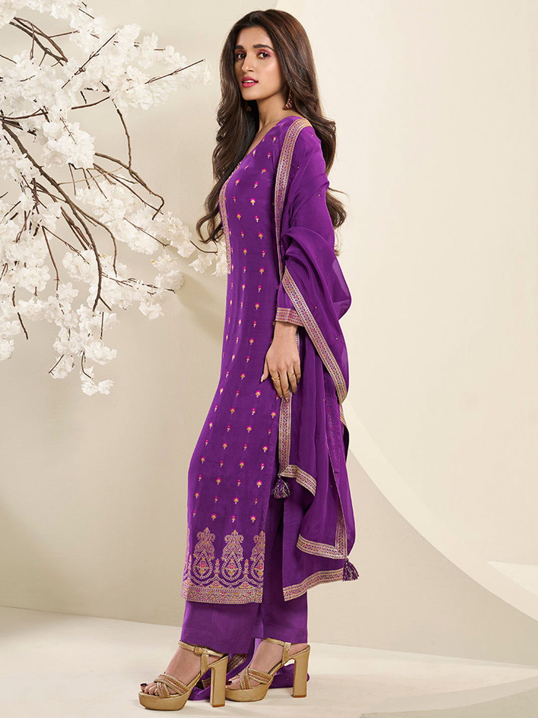 Midnight Purple Muslin Jacquard Kurta Suit Set with Multi Contrast Thread Weave & Paisley Pattern Daman Product vendor