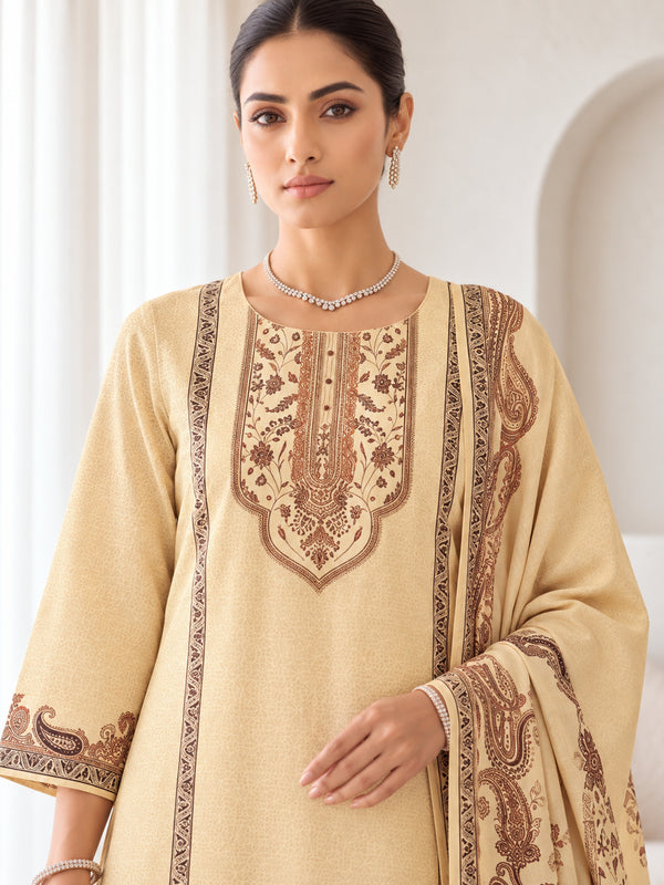 Ivory Silk Blend Printed Kurta Pant Set with Dupatta