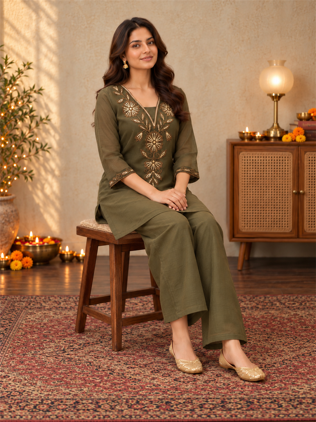 Olive Green Mul Chanderi Embroidered Kurta Palazzo Set