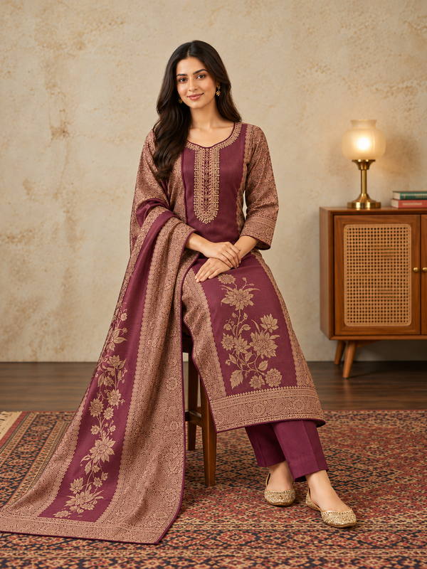 Wine Silk Blend Printed Kurta Pant Set with Dupatta