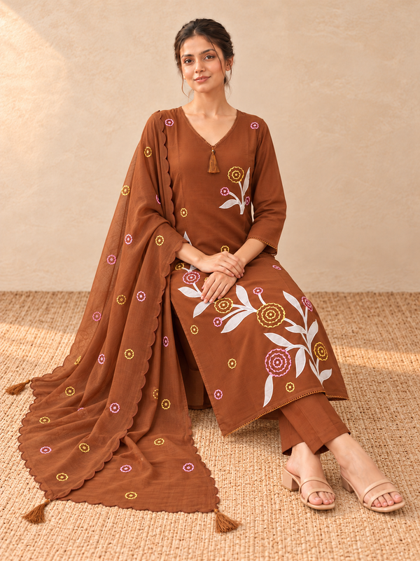 Rust Brown Floral Embroidered Mul Chanderi Kurta Set with Dupatta