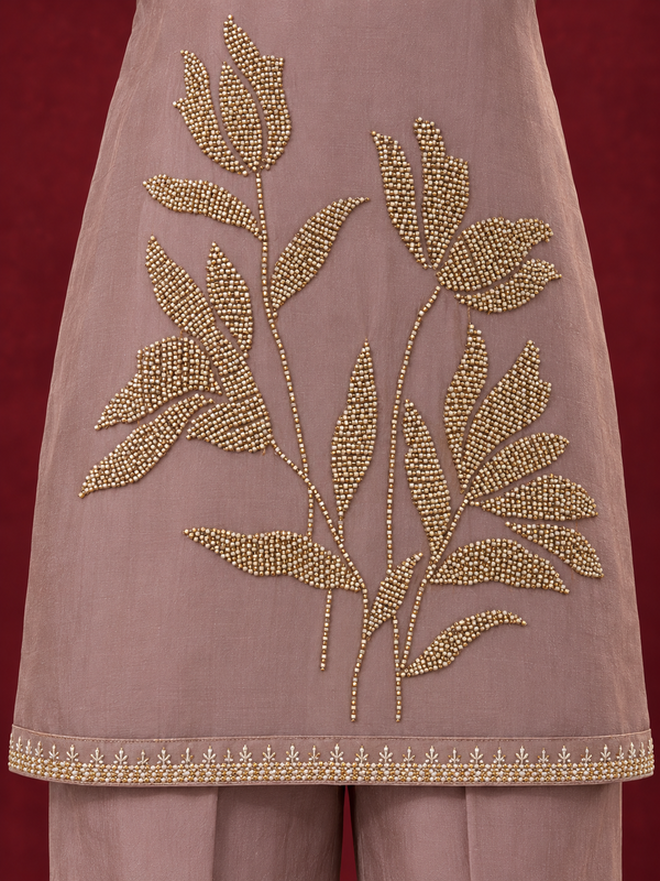 Dusty Mauve Mul Chanderi Floral Embroidered Straight Kurta Set