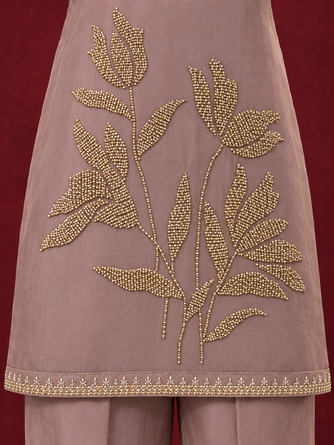 Dusty Mauve Mul Chanderi Floral Embroidered Straight Kurta Set