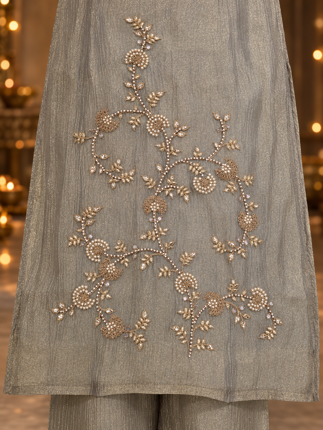 Taupe Poly Silk Embroidered Kurta Palazzo Set with Dupatta