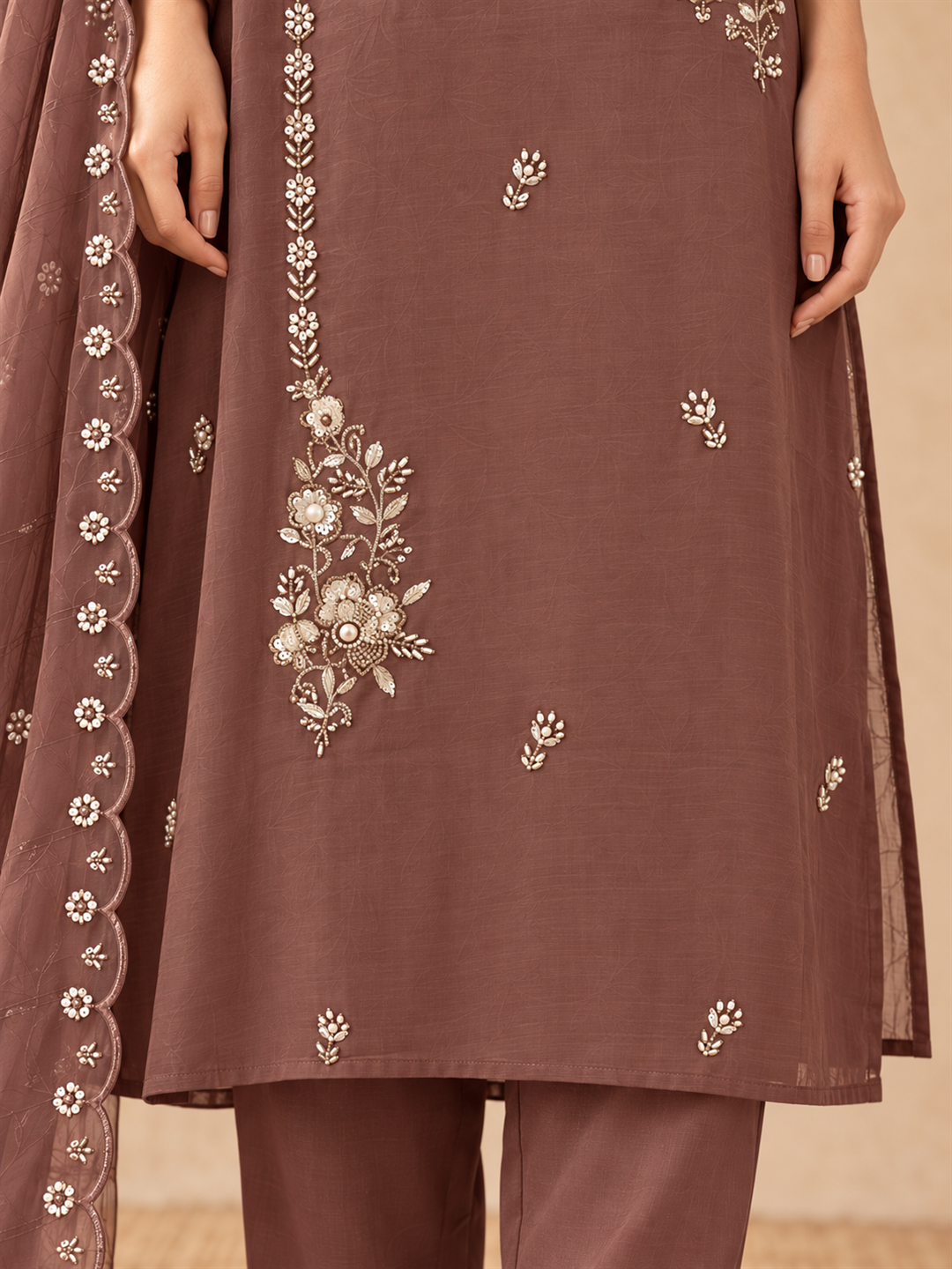 Brown Mul Chanderi Embroidered Straight Kurta Set with Dupatta