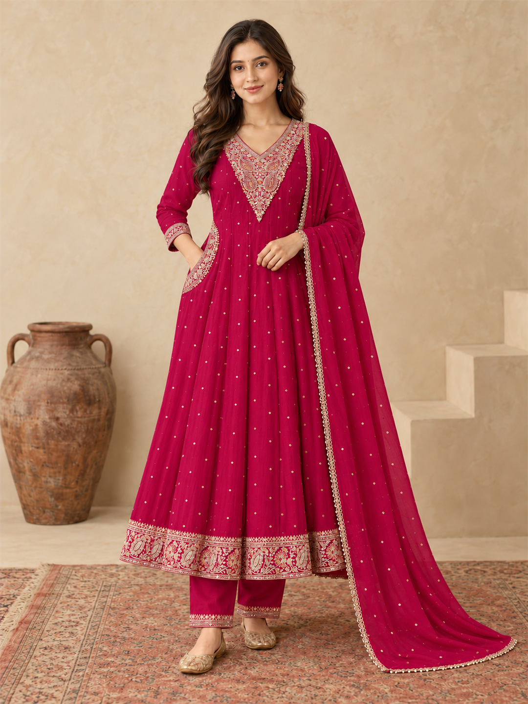Rani Pink Chanderi Silk Golden Embroidered Anarkali Kurta Pant Set with Dupatta
