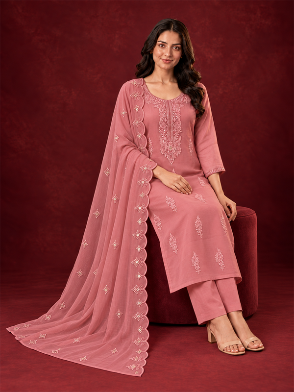 Dusty Rose Embroidered Silk Blend Suit Set with Scalloped Dupatta