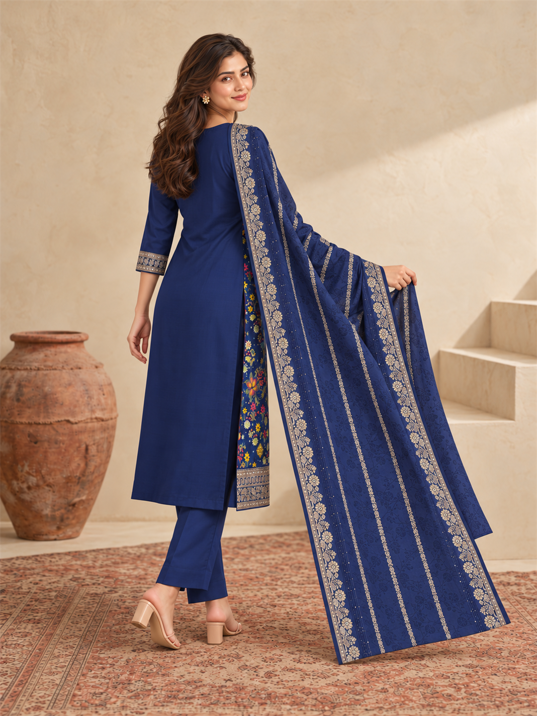 Royal Blue Floral Printed Silk Blend Suit Set