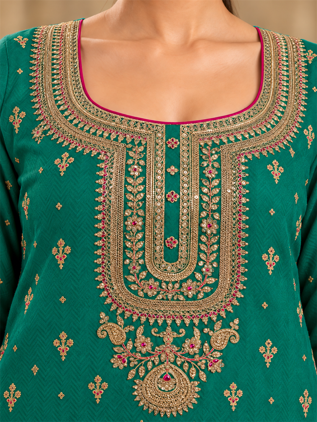 Emerald Green Embroidered Silk Blend Kurta Set with Dupatta