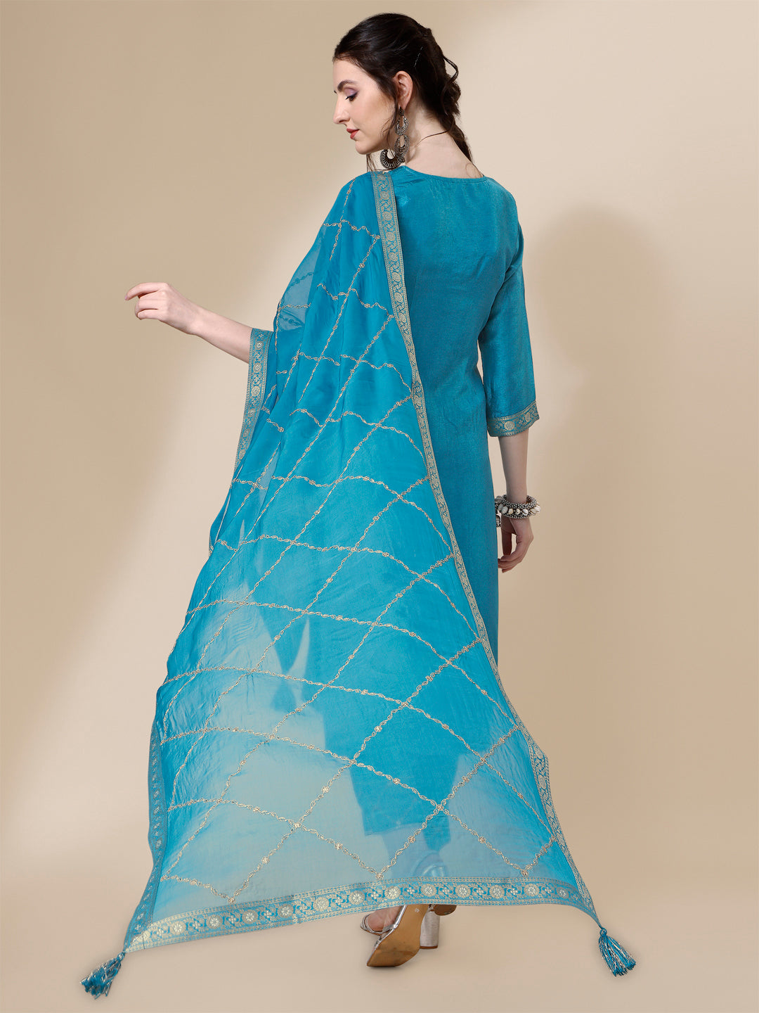 Teal Jacquard Kurta Suit Set Product vendor