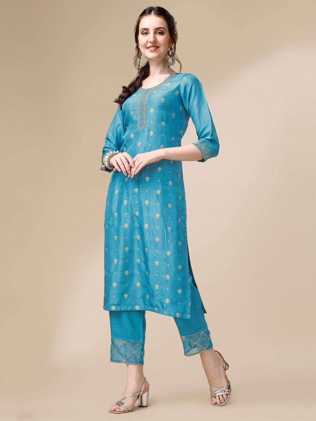 Teal Jacquard Kurta Suit Set Product vendor